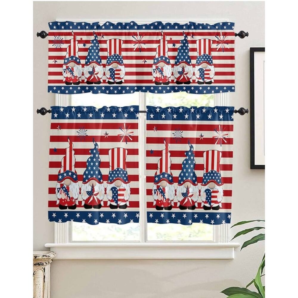 Patriotic Gnome Tiered Curtain Valance Set 3pc USA Flag Fireworks NEW‎